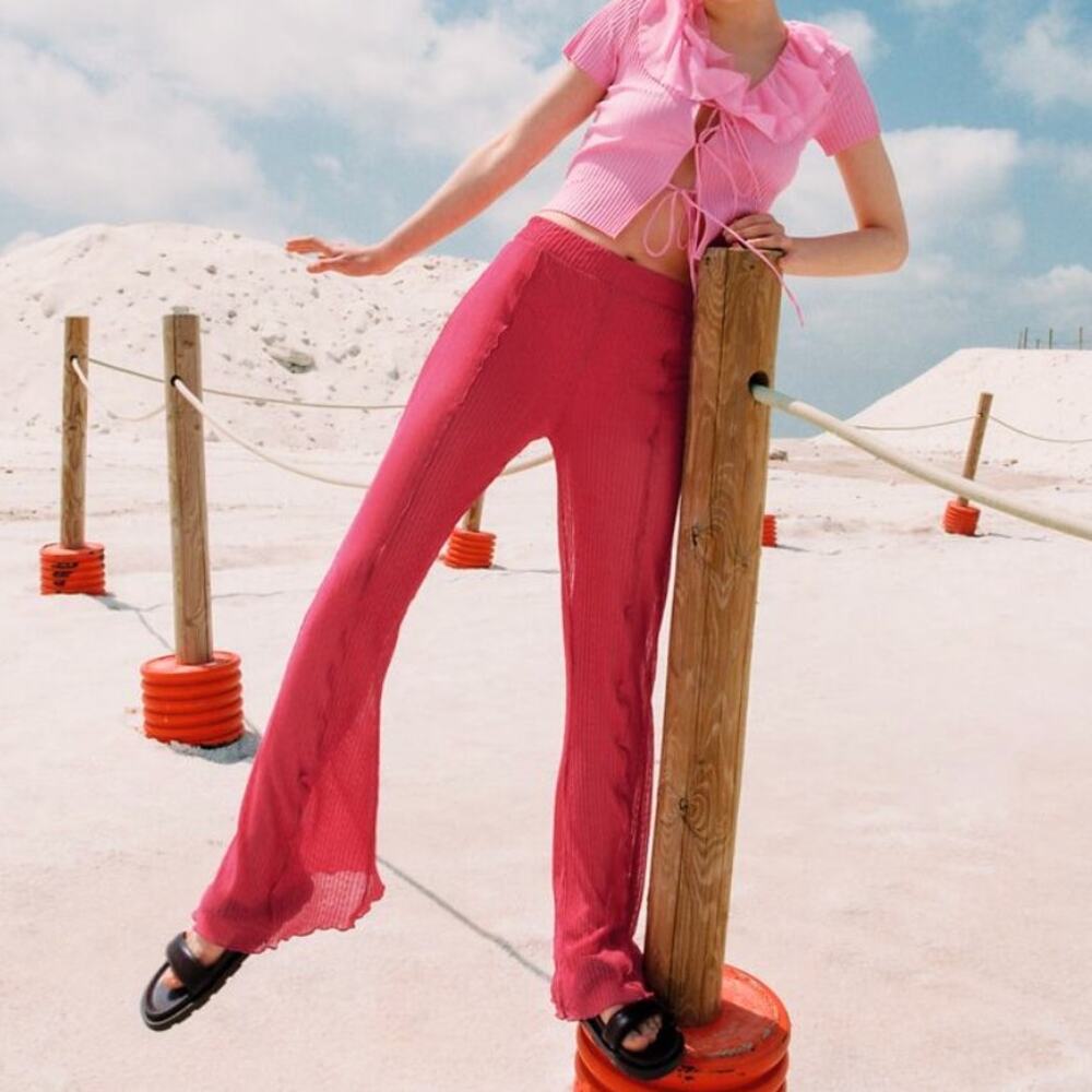 Zara Pink Ribbed Ruffle Plucks Sheer Cover Up Pants